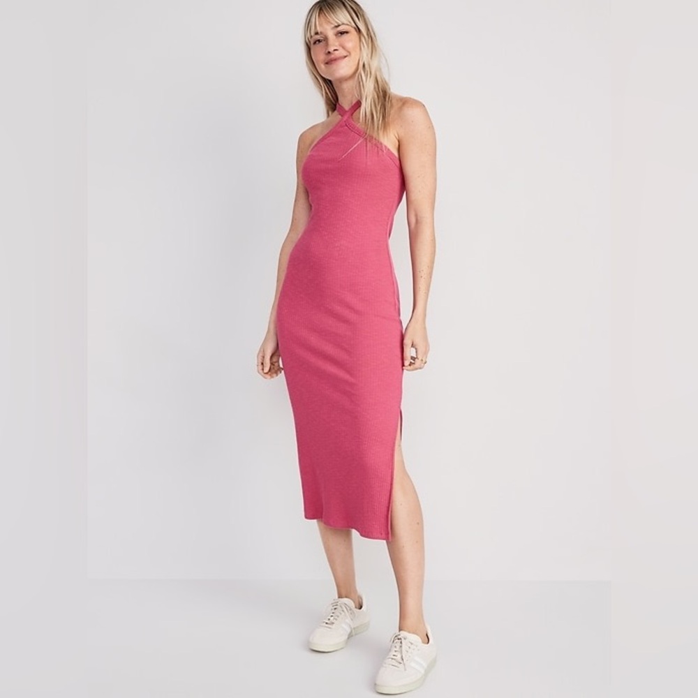 Old Navy Rib-Knit Halter Midi Dress in Pink Size Small